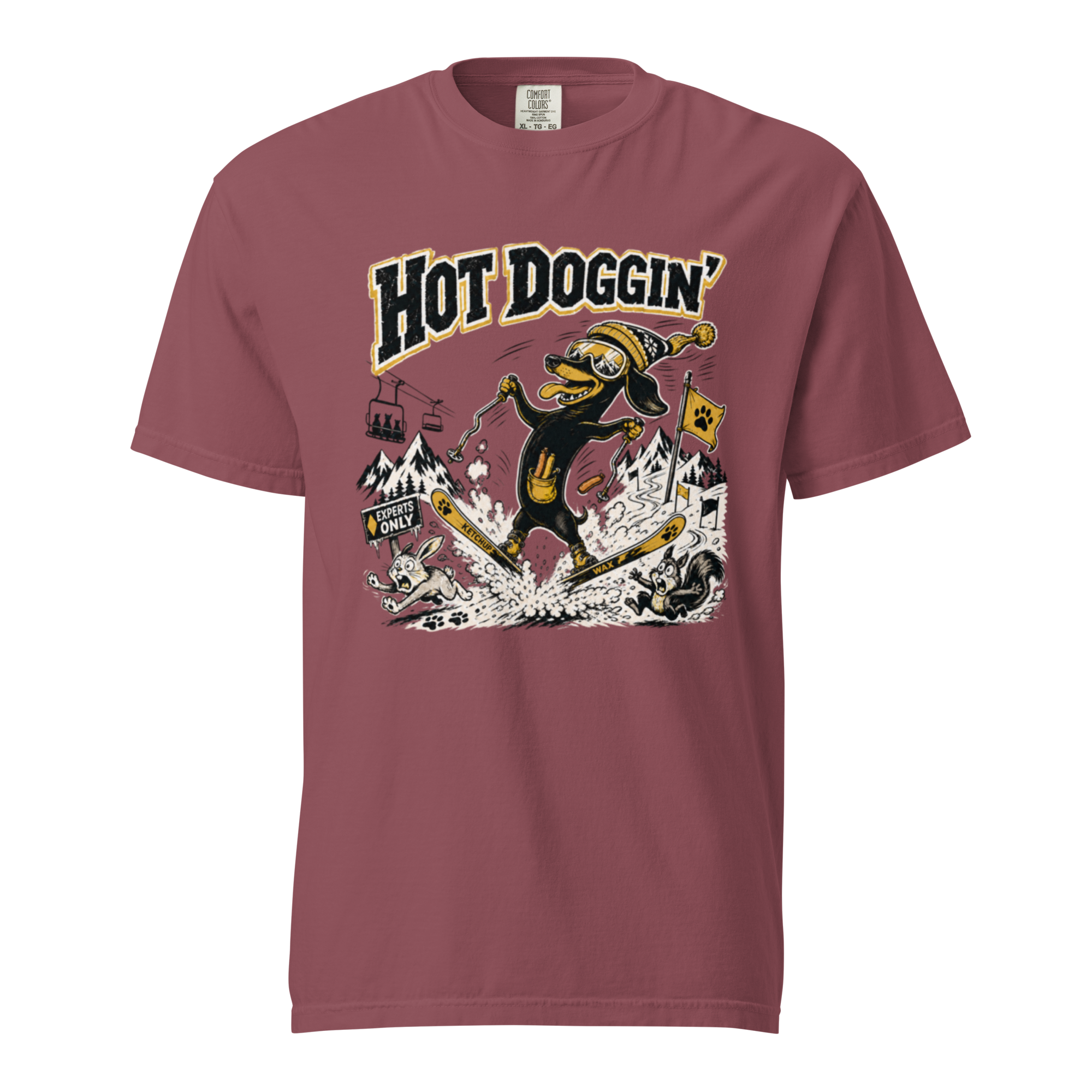 Maroon t-shirt with 'Hot Doggin' graphic design on a white background