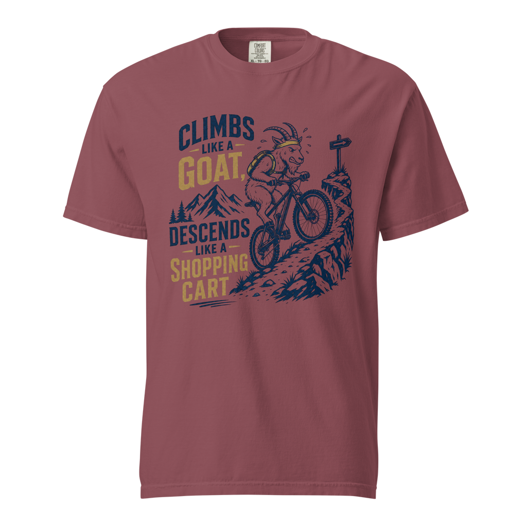 Brick colored t-shirt with graphic design and text on a white background