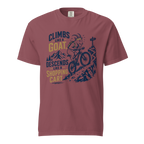 Brick colored t-shirt with graphic design and text on a white background