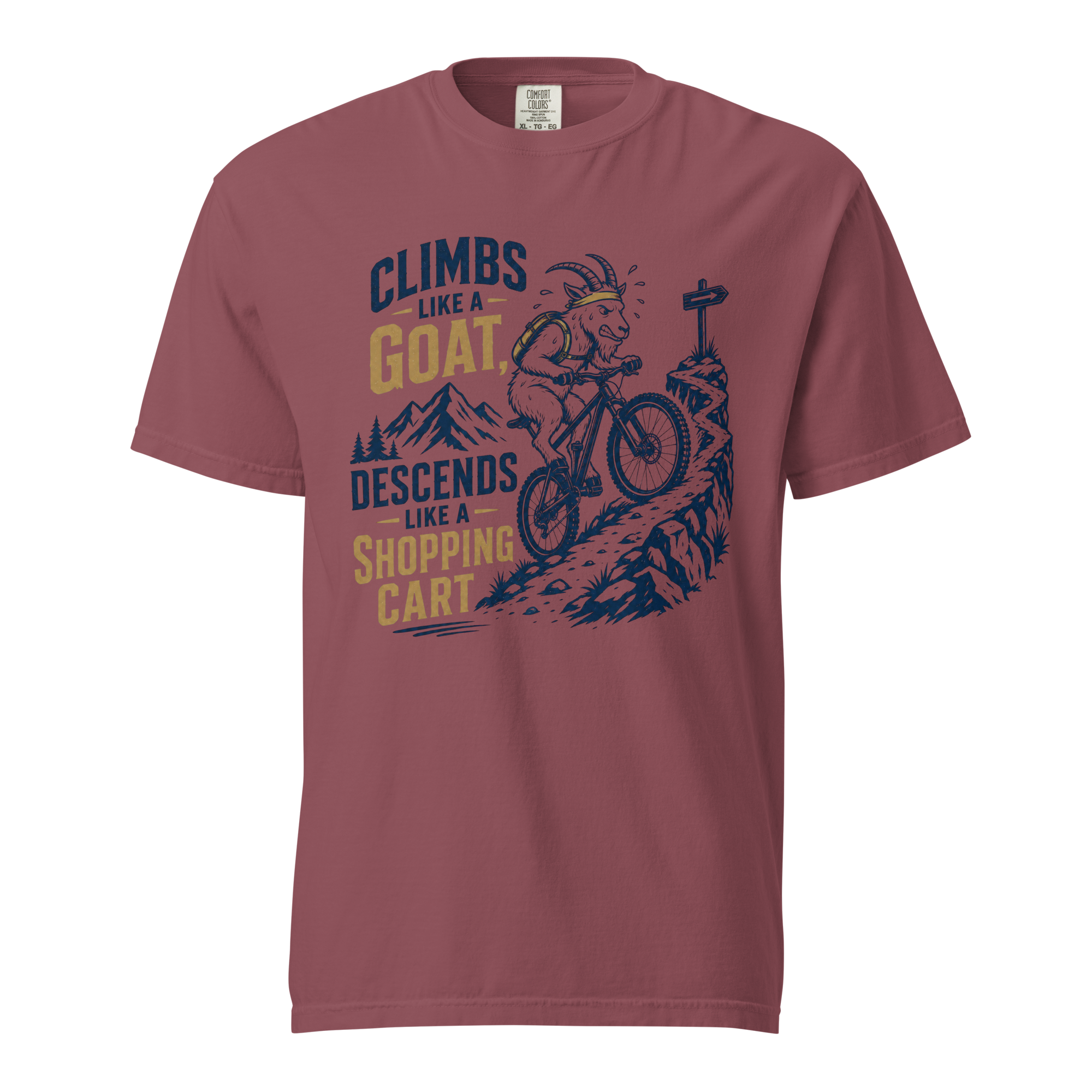 Brick colored t-shirt with graphic design and text on a white background