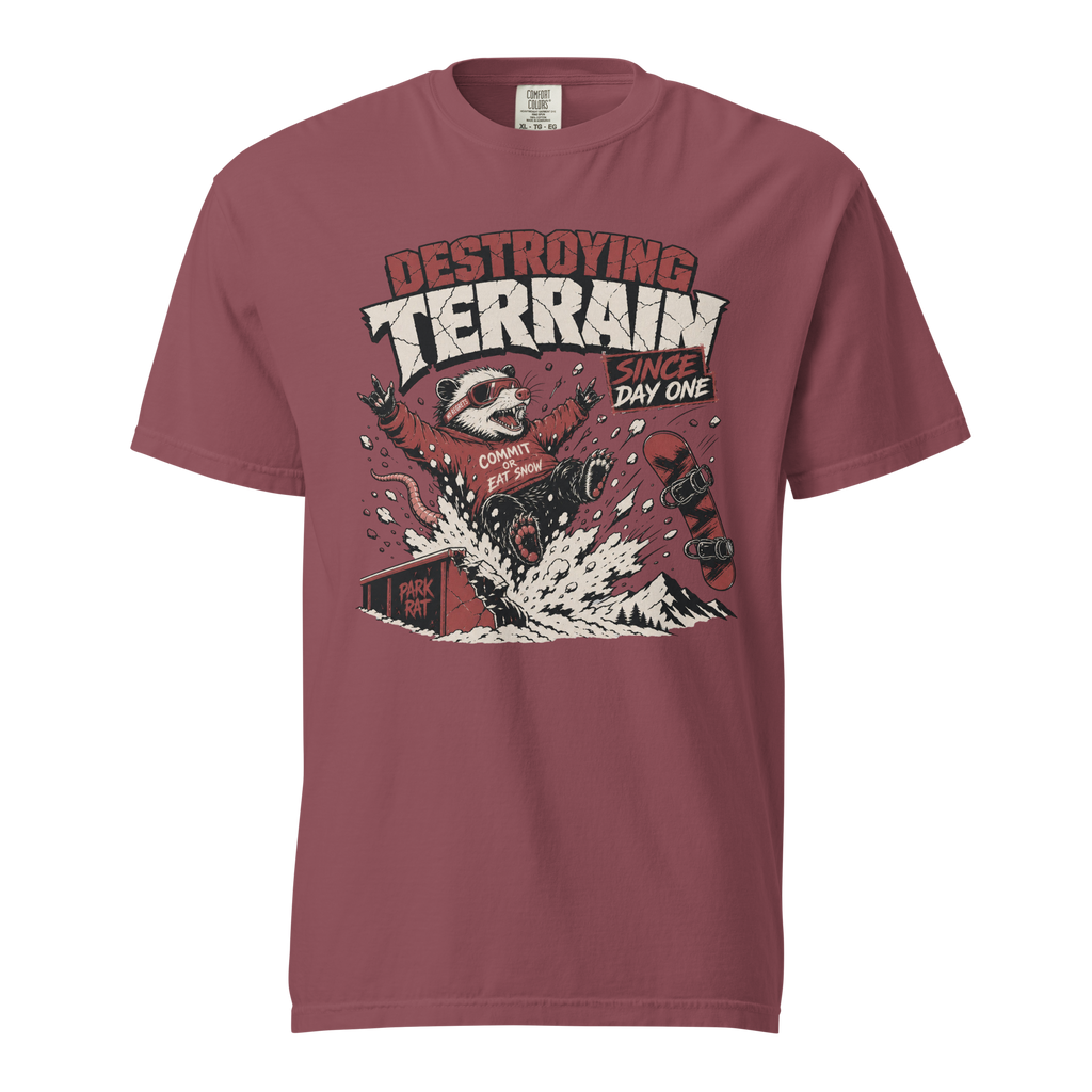 Brick red t-shirt with graphic design and text on a white background