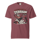 Brick red t-shirt with graphic design and text on a white background