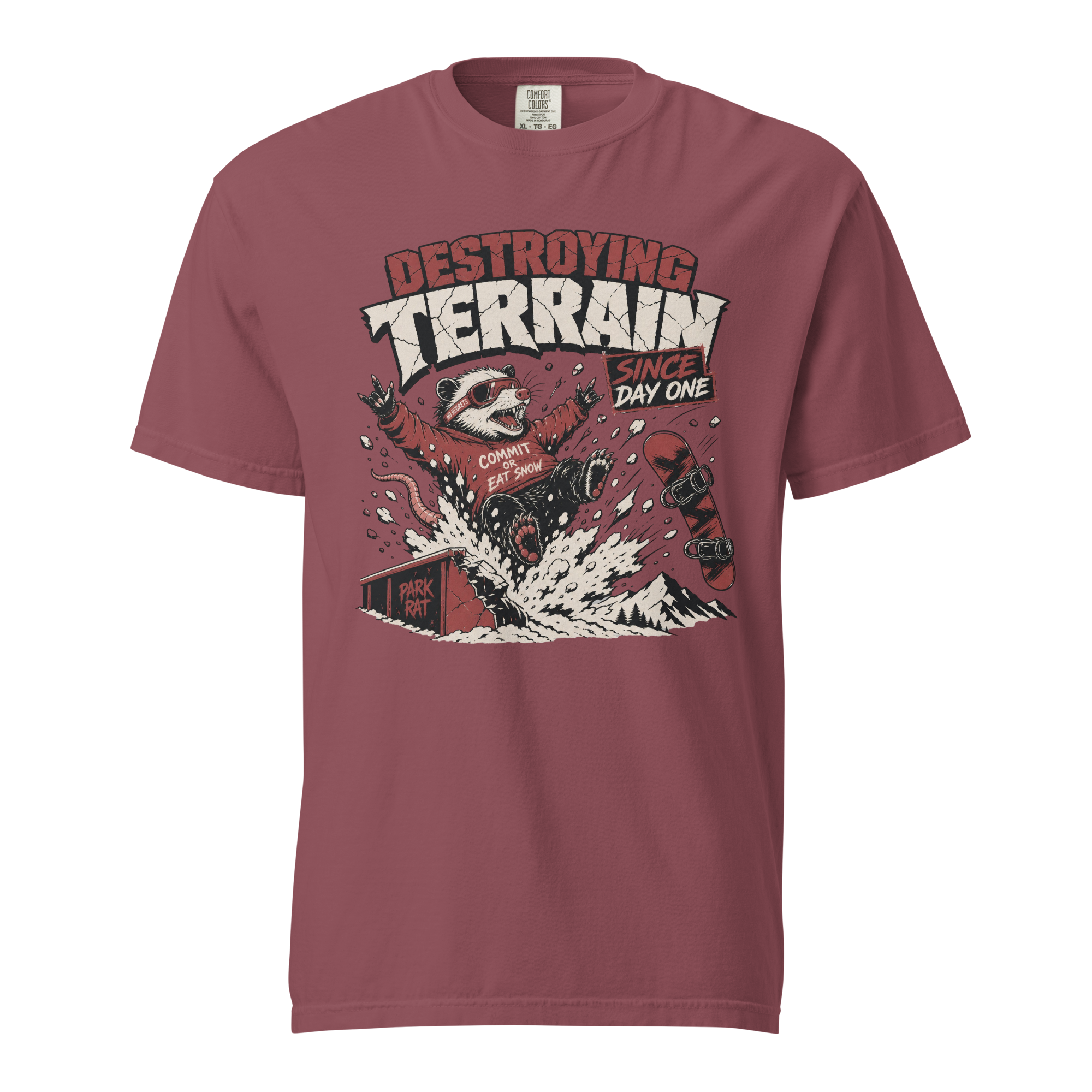 Brick red t-shirt with graphic design and text on a white background