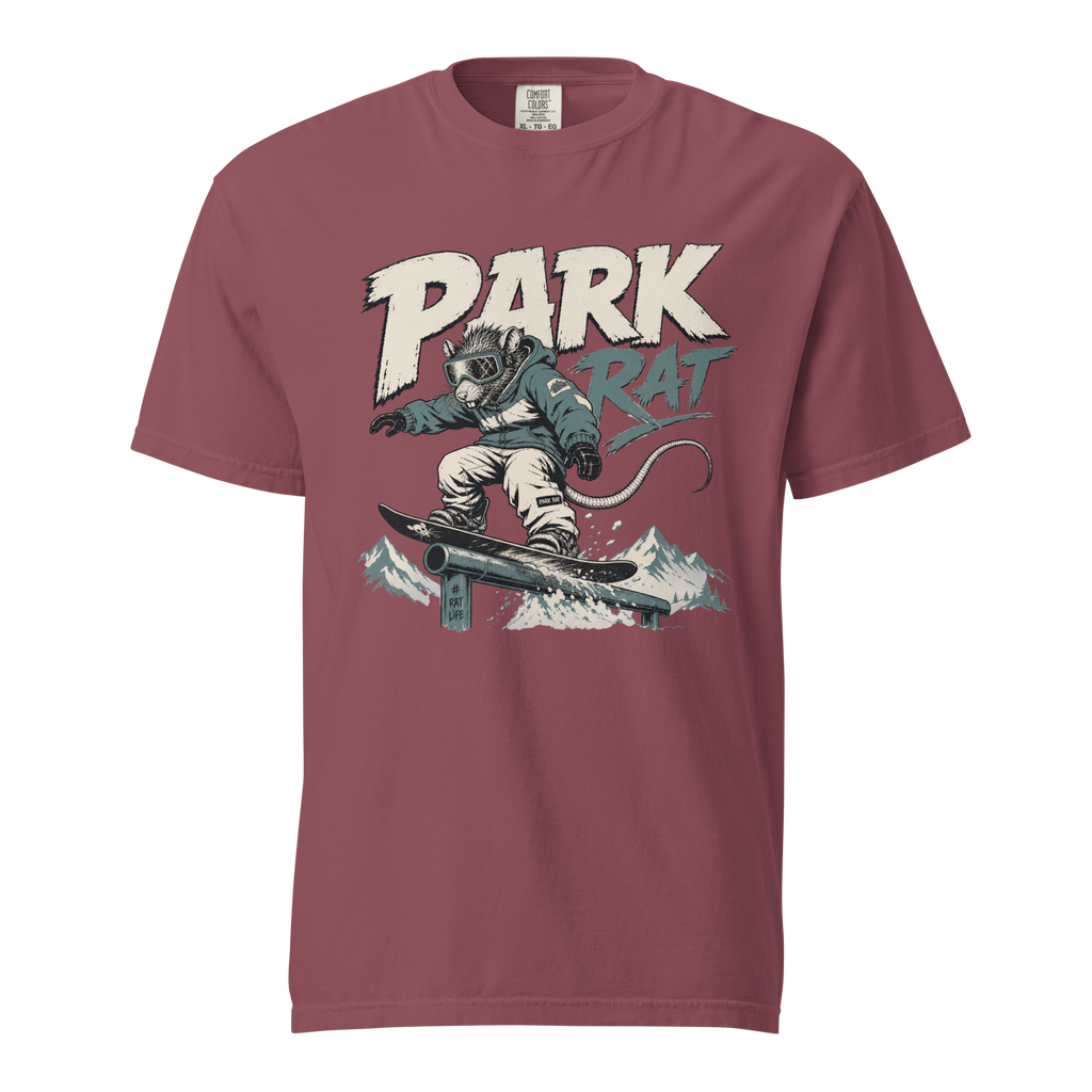 Brick red colored t-shirt with 'Park Rat' text and a snowboarding rat.
