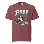 Brick red colored t-shirt with 'Park Rat' text and a snowboarding rat.