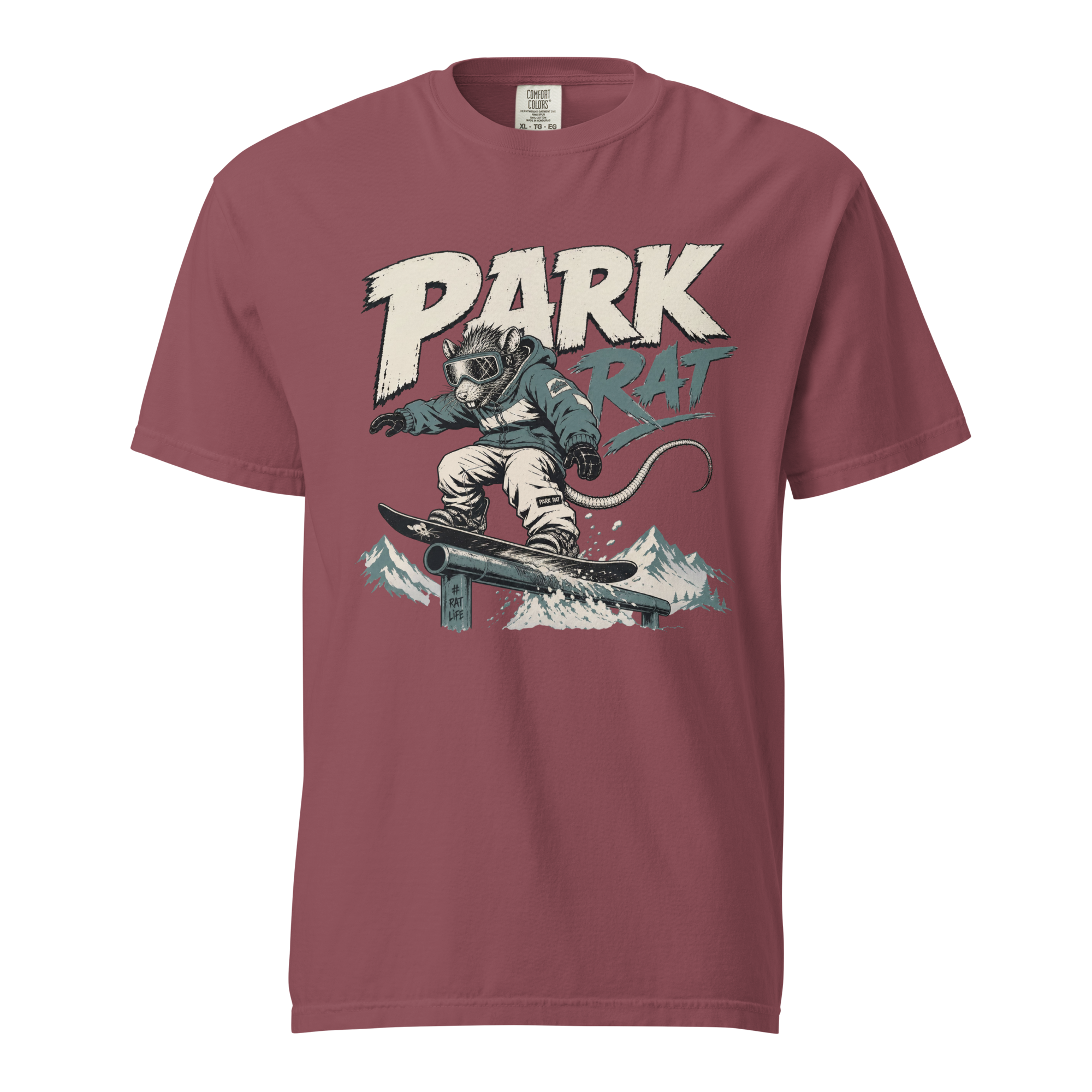 Brick red colored t-shirt with 'Park Rat' text and a snowboarding rat.