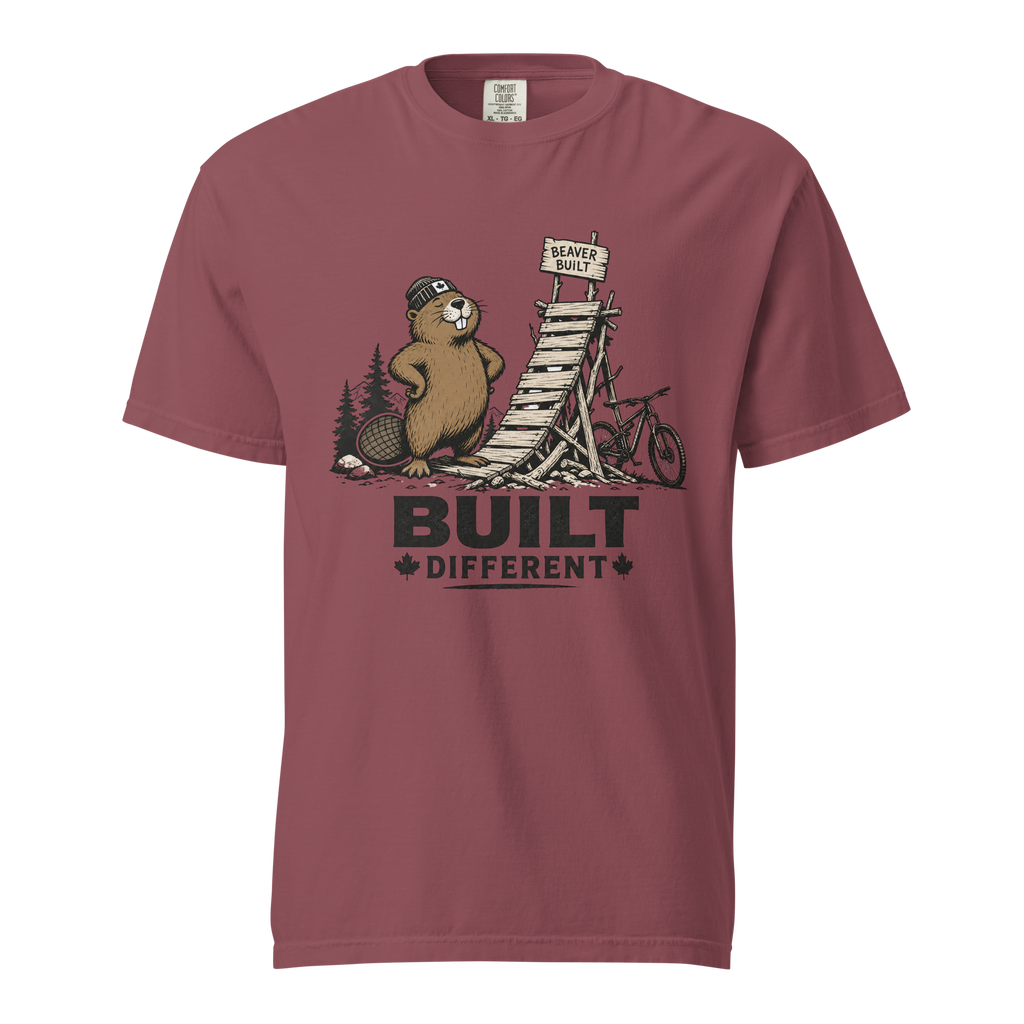 Brick red t-shirt with beaver graphic and 'Built Different' text on a white background