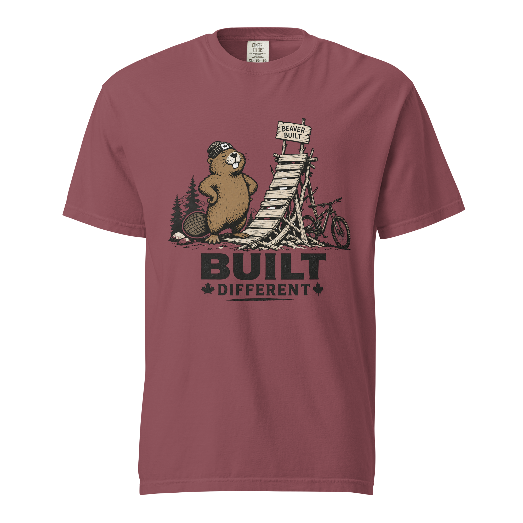 Brick red t-shirt with beaver graphic and 'Built Different' text on a white background