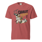 Crimson red t-shirt with a graphic design of a snowboarder and 'Chairlift Delinquent' text on a white background