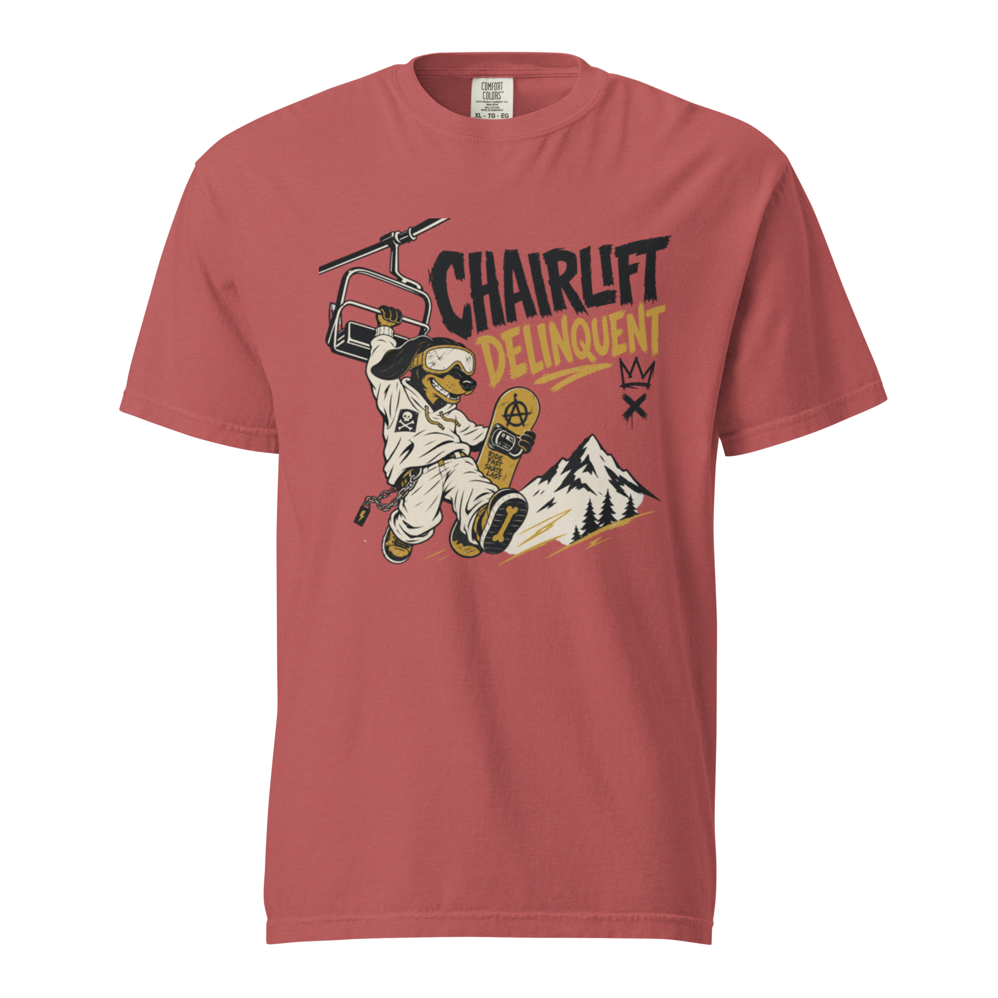 Crimson red t-shirt with a graphic design of a snowboarder and 'Chairlift Delinquent' text on a white background