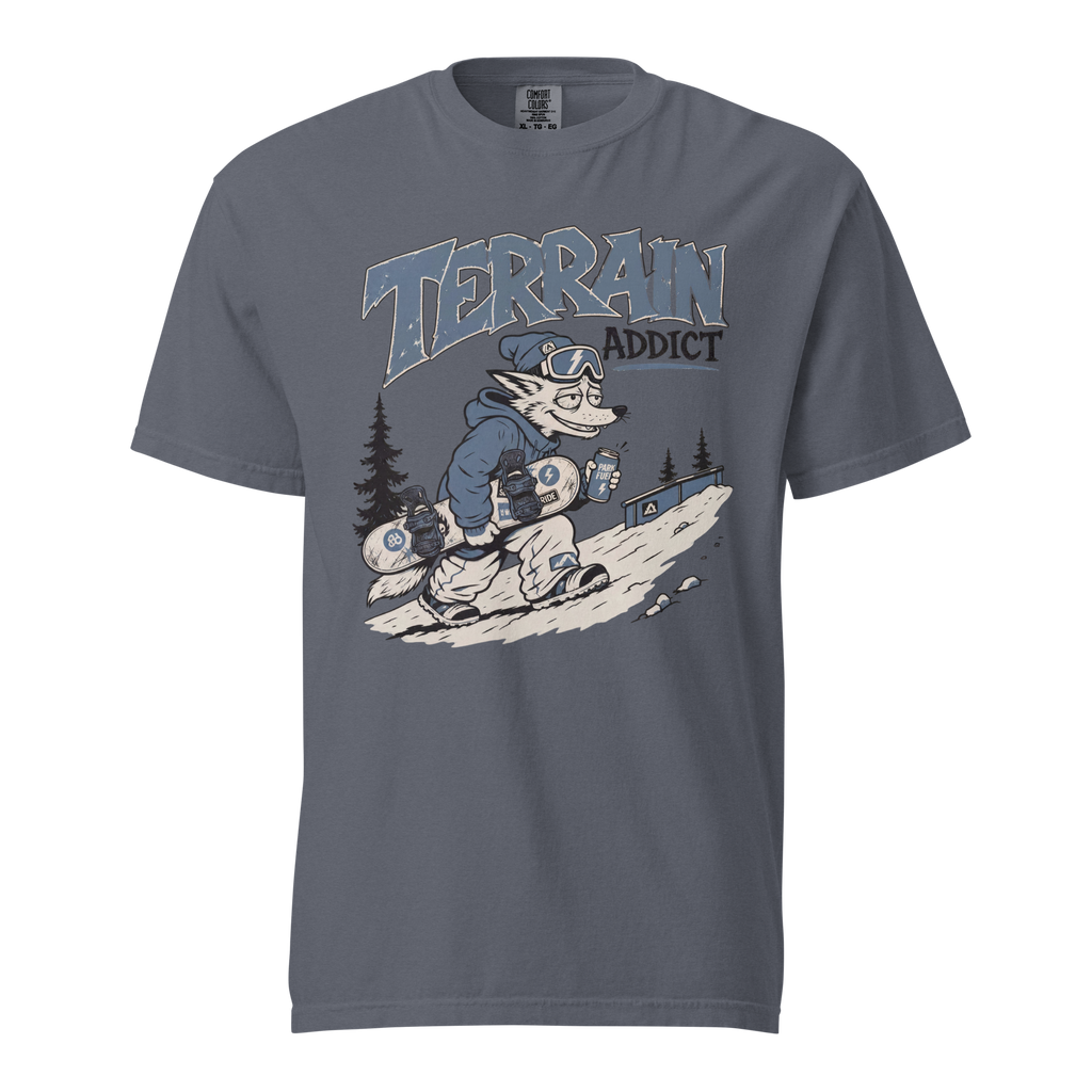 Denim gray t-shirt with a graphic of a skier and 'Terrain Addict' text on a white background