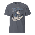 Denim gray t-shirt with a graphic of a skier and 'Terrain Addict' text on a white background