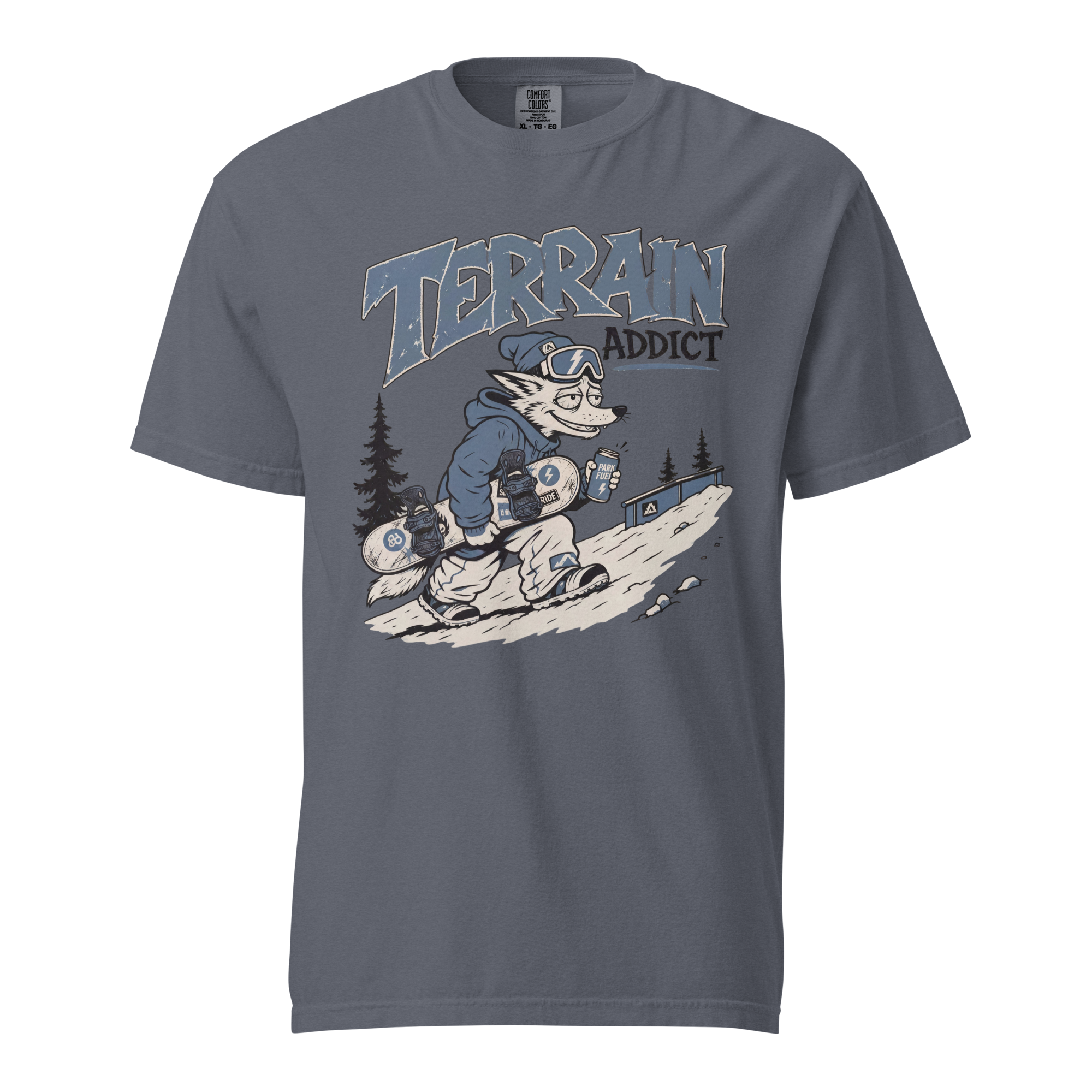 Denim gray t-shirt with a graphic of a skier and 'Terrain Addict' text on a white background