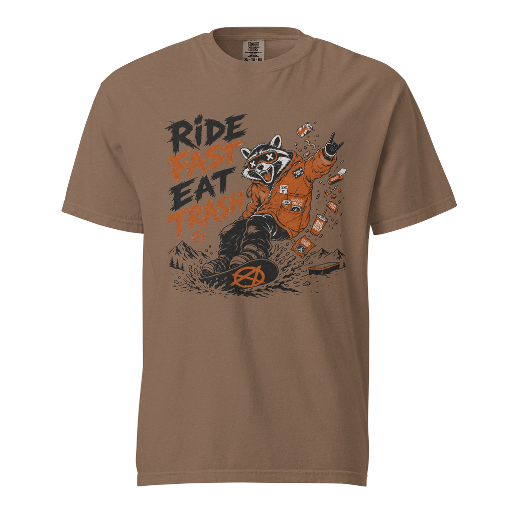 Espresso brown t-shirt with a raccoon graphic and text 'Ride Fast Eat Trash'