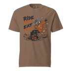 Espresso brown t-shirt with a raccoon graphic and text 'Ride Fast Eat Trash'