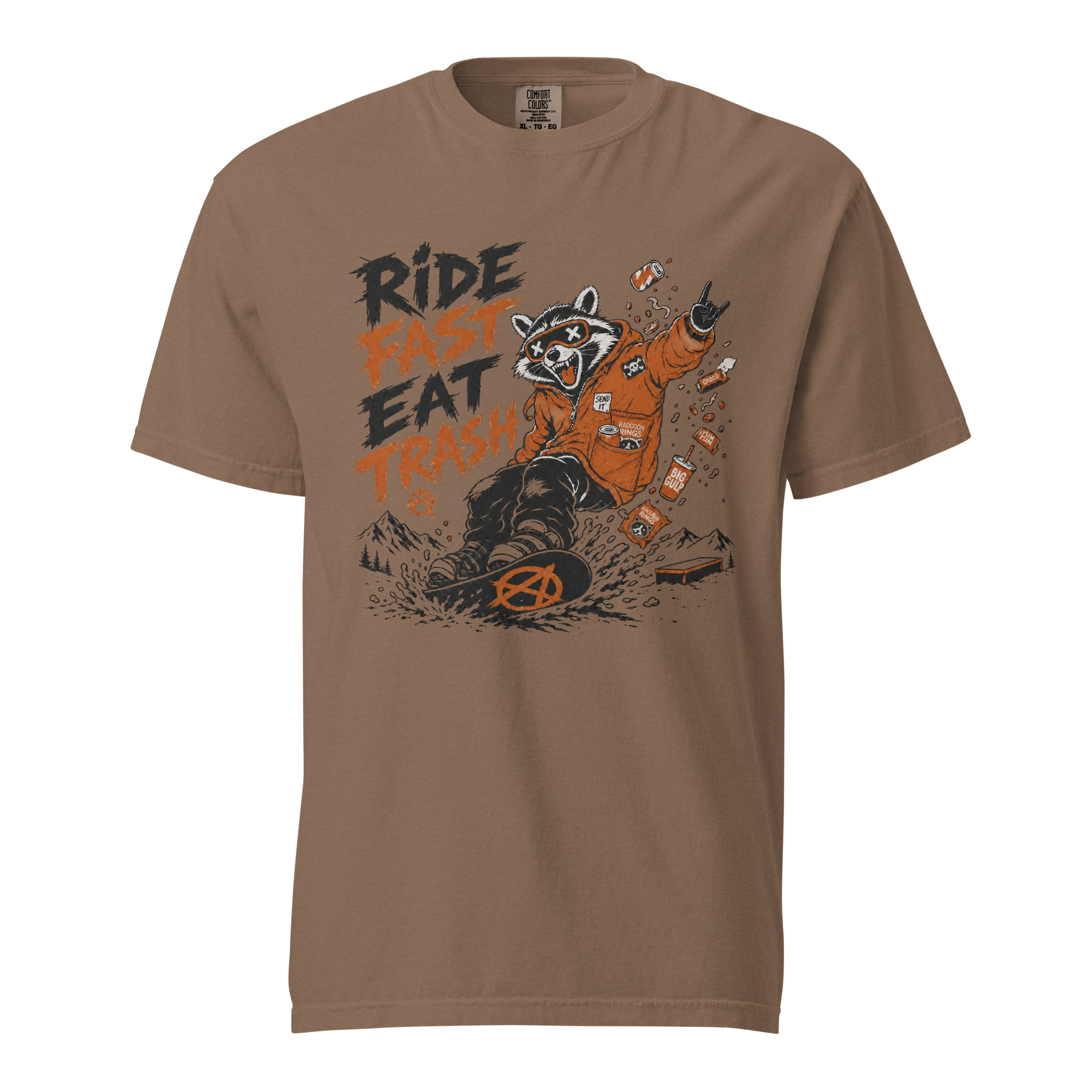 Espresso brown t-shirt with a raccoon graphic and text 'Ride Fast Eat Trash'