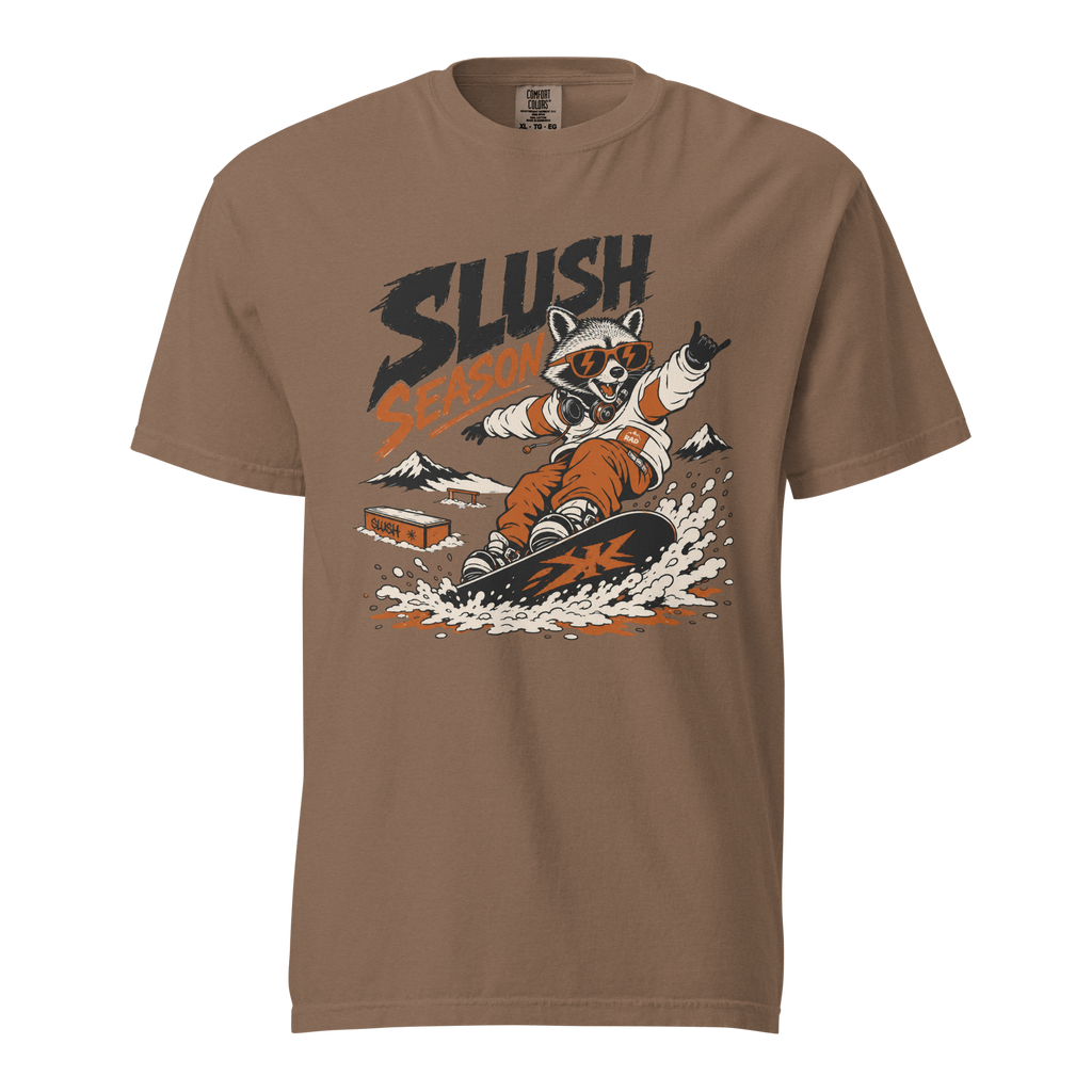 Espresso brown t-shirt with a graphic of a raccoon snowboarding and 'Slush Season' text on a white background