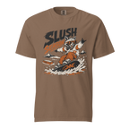 Espresso brown t-shirt with a graphic of a raccoon snowboarding and 'Slush Season' text on a white background