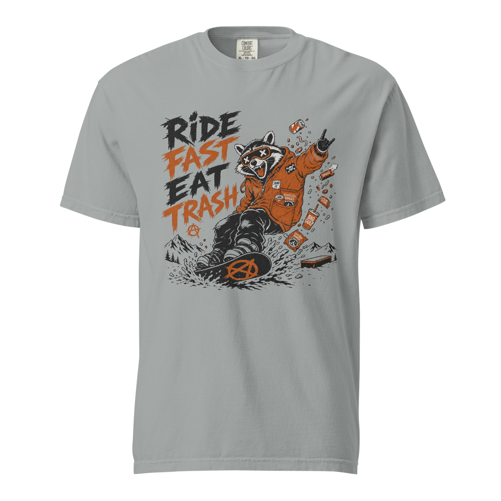 Granite gray t-shirt with a graphic of a raccoon on a snowboard and text 'Ride Fast Eat Trash' on a white background.