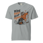 Granite gray t-shirt with a graphic of a raccoon on a snowboard and text 'Ride Fast Eat Trash' on a white background.