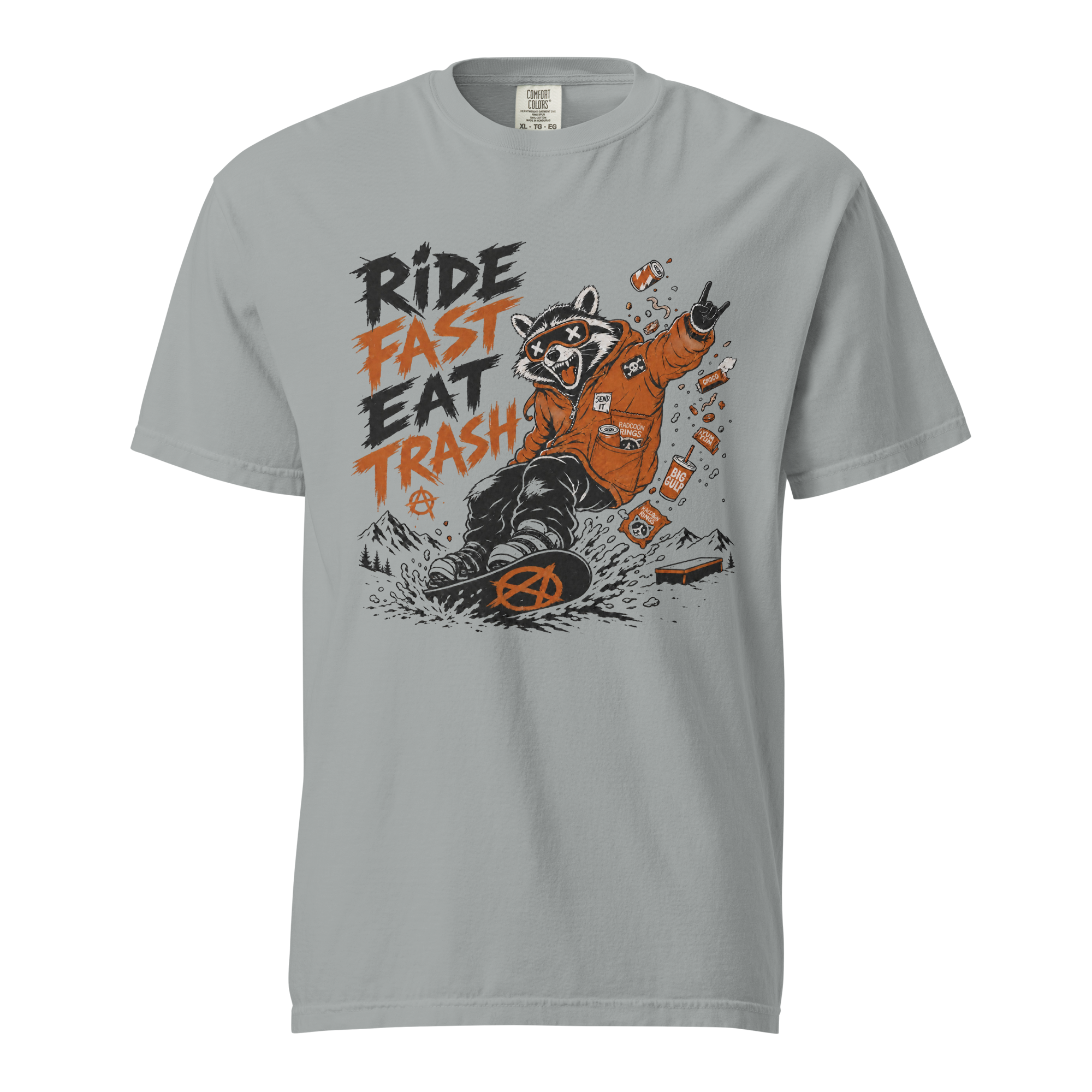 Granite gray t-shirt with a graphic of a raccoon on a snowboard and text 'Ride Fast Eat Trash' on a white background.