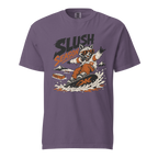Purple t-shirt with a graphic of a raccoon snowboarding and 'Slush Season' text on a white background