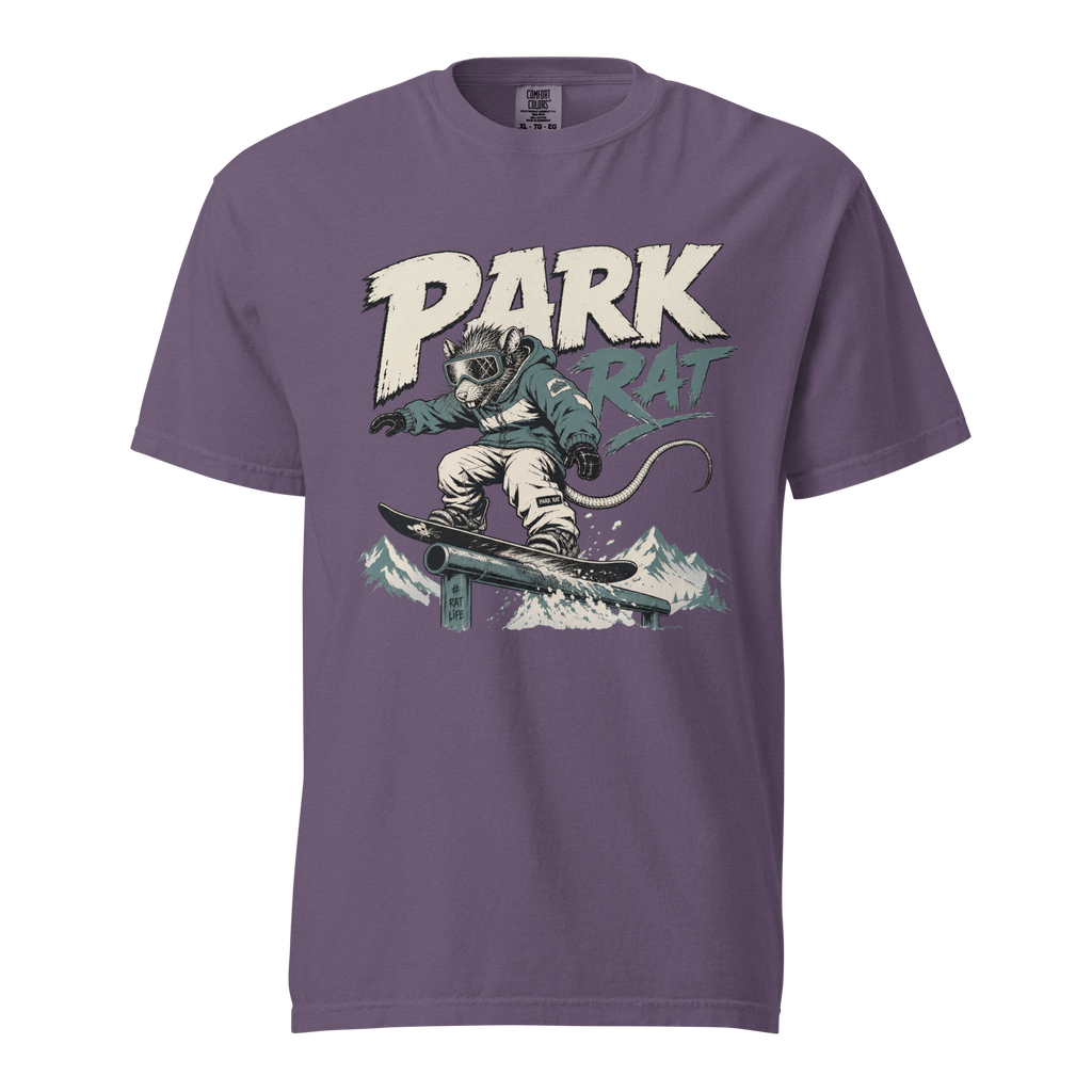 Grape purple t-shirt with a graphic of a person on a skateboard and 'Park Rat' text on a white background
