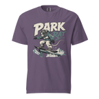 Grape purple t-shirt with a graphic of a person on a skateboard and 'Park Rat' text on a white background