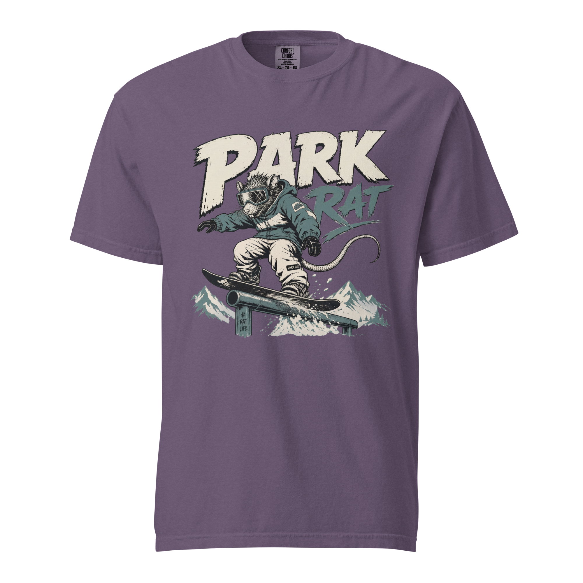 Grape purple t-shirt with a graphic of a person on a skateboard and 'Park Rat' text on a white background