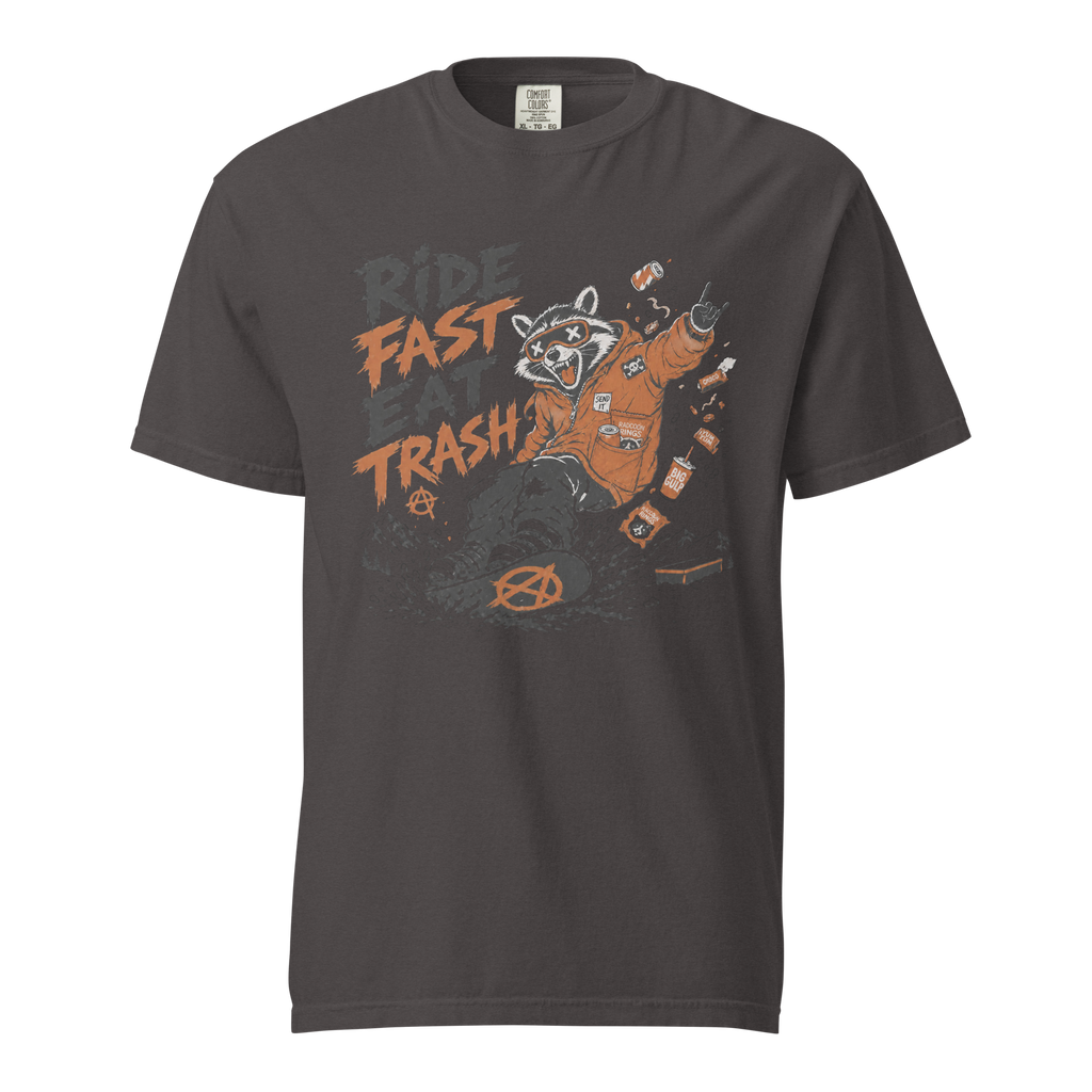 Graphite gray t-shirt with a graphic of a raccoon in a jacket and text 'Ride Fast Eat Trash' on a white background.