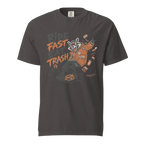 Graphite gray t-shirt with a graphic of a raccoon in a jacket and text 'Ride Fast Eat Trash' on a white background.