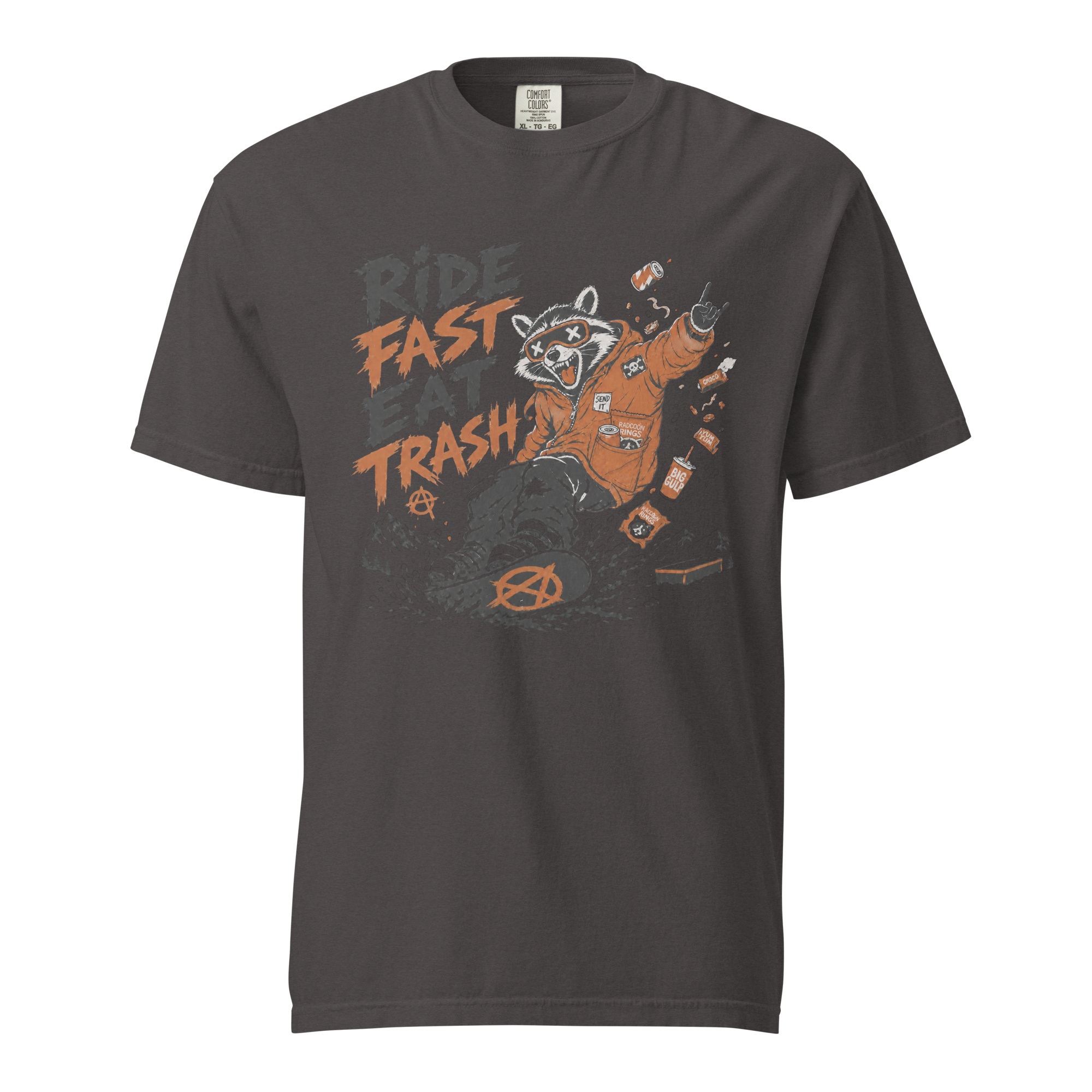 Graphite gray t-shirt with a graphic of a raccoon in a jacket and text 'Ride Fast Eat Trash' on a white background.