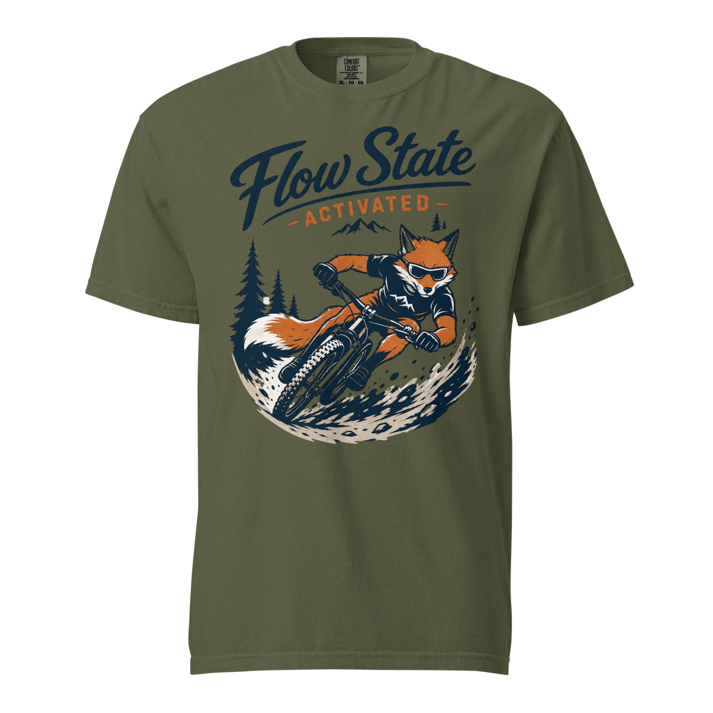 Green t-shirt with a fox riding a bike graphic and 'Flow State Activated' text on a white background