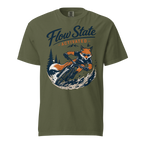 Green t-shirt with a fox riding a bike graphic and 'Flow State Activated' text on a white background