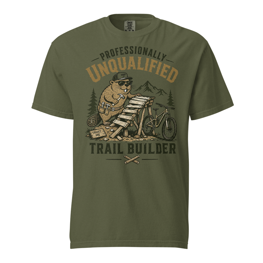 Green t-shirt with bear graphic and text on a white background