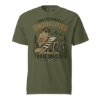 Green t-shirt with bear graphic and text on a white background