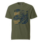 Hemp colored t-shirt with graphic design and text on a white background