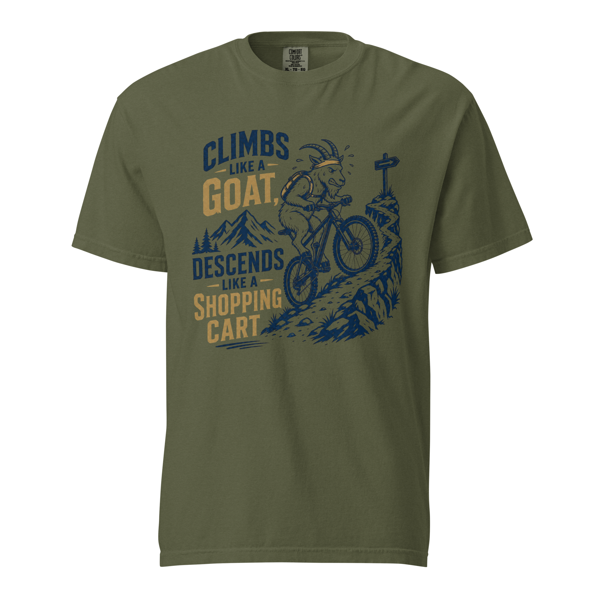 Hemp colored t-shirt with graphic design and text on a white background