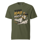 Green t-shirt with graphic design and text 'Too Rad to Snowplow' on a white background