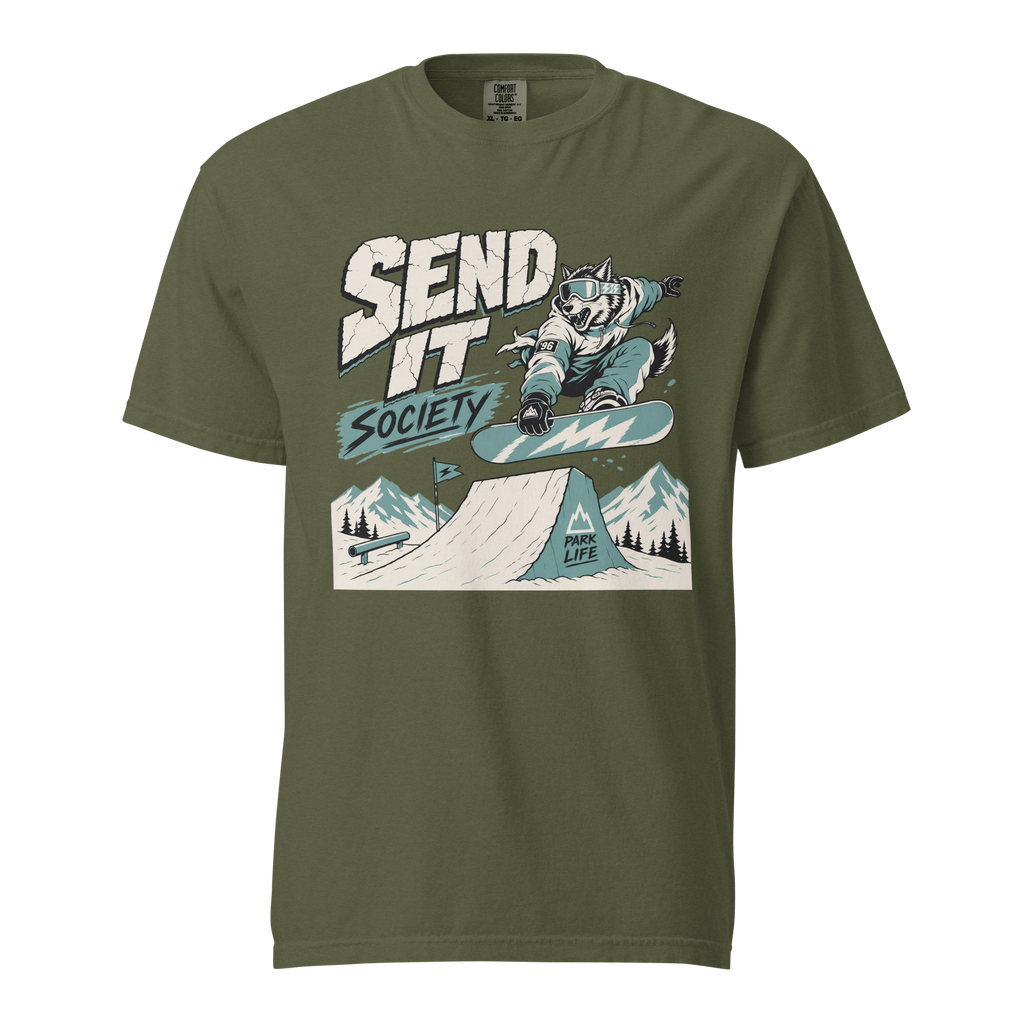 Hemp green t-shirt with a graphic design of a snowboarder and text on a white background