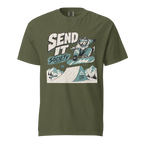Hemp green t-shirt with a graphic design of a snowboarder and text on a white background