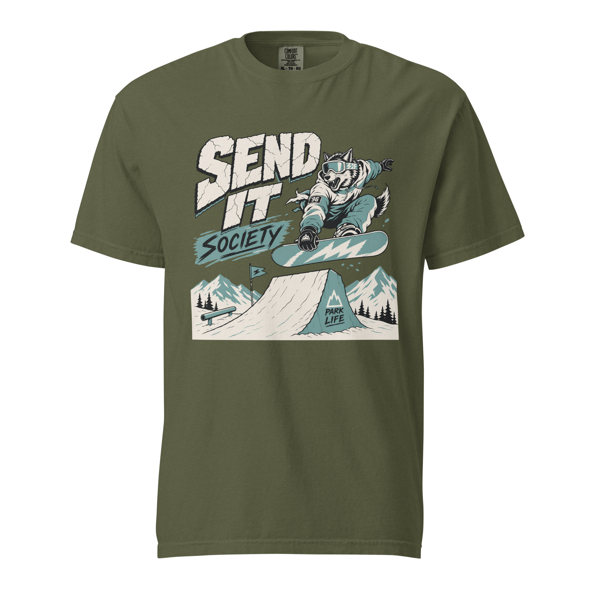 Hemp green t-shirt with a graphic design of a snowboarder and text on a white background