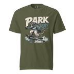 Hemp green t-shirt with 'Park Rat' graphic design on a white background