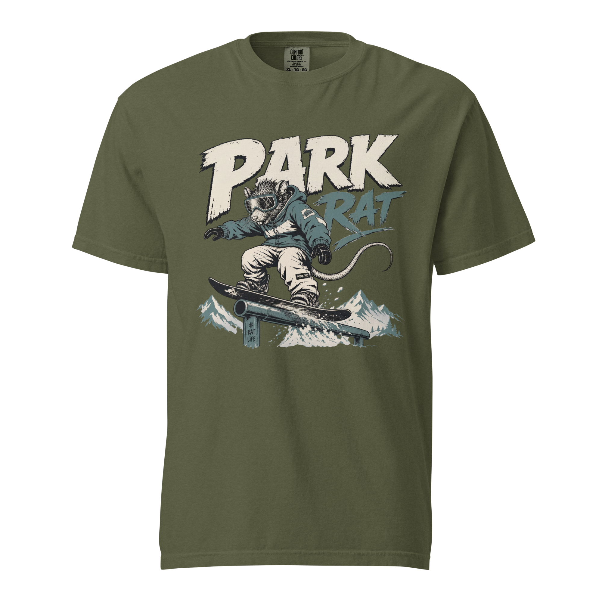 Hemp green t-shirt with 'Park Rat' graphic design on a white background