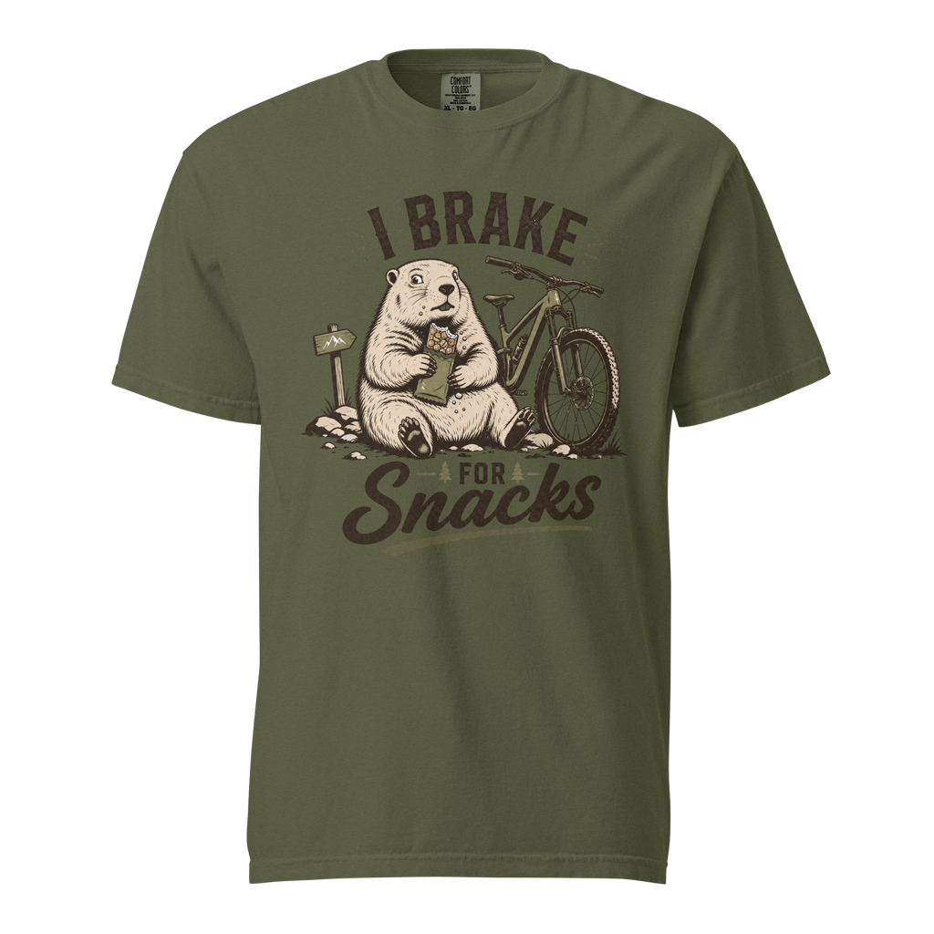 Hemp green t-shirt with 'I Brake For Snacks' text and a marmot eating a bar with a mountain bike on the side.