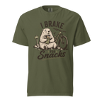 Hemp green t-shirt with 'I Brake For Snacks' text and a marmot eating a bar with a mountain bike on the side.