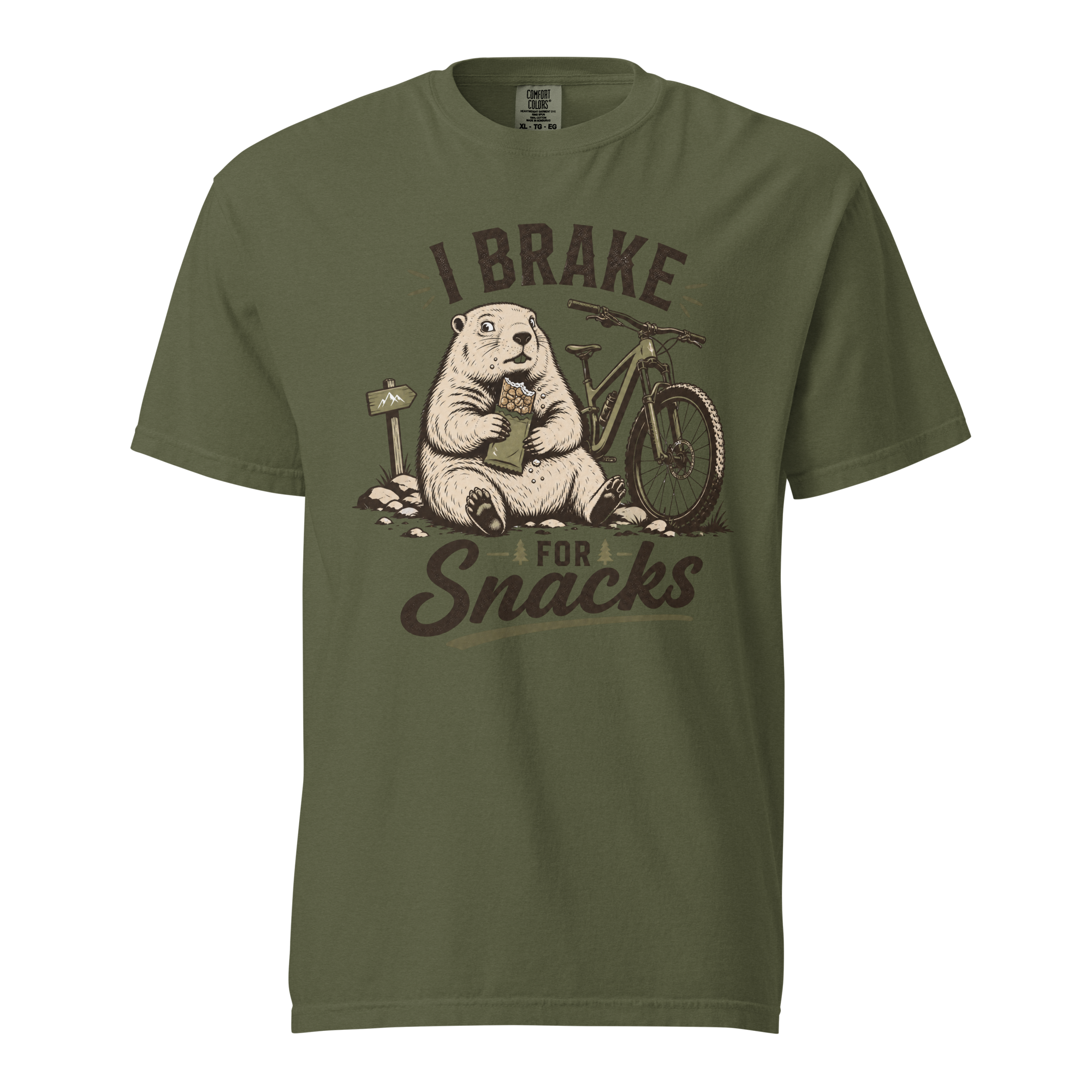 Hemp green t-shirt with 'I Brake For Snacks' text and a marmot eating a bar with a mountain bike on the side.