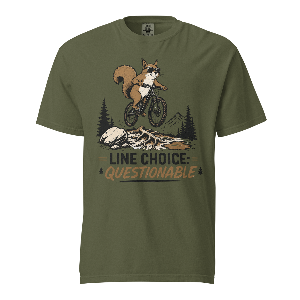 Hemp green t-shirt with a graphic of a squirrel on a bike and text 'Line Choice: Questionable'.