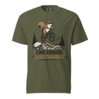 Hemp green t-shirt with a graphic of a squirrel on a bike and text 'Line Choice: Questionable'.