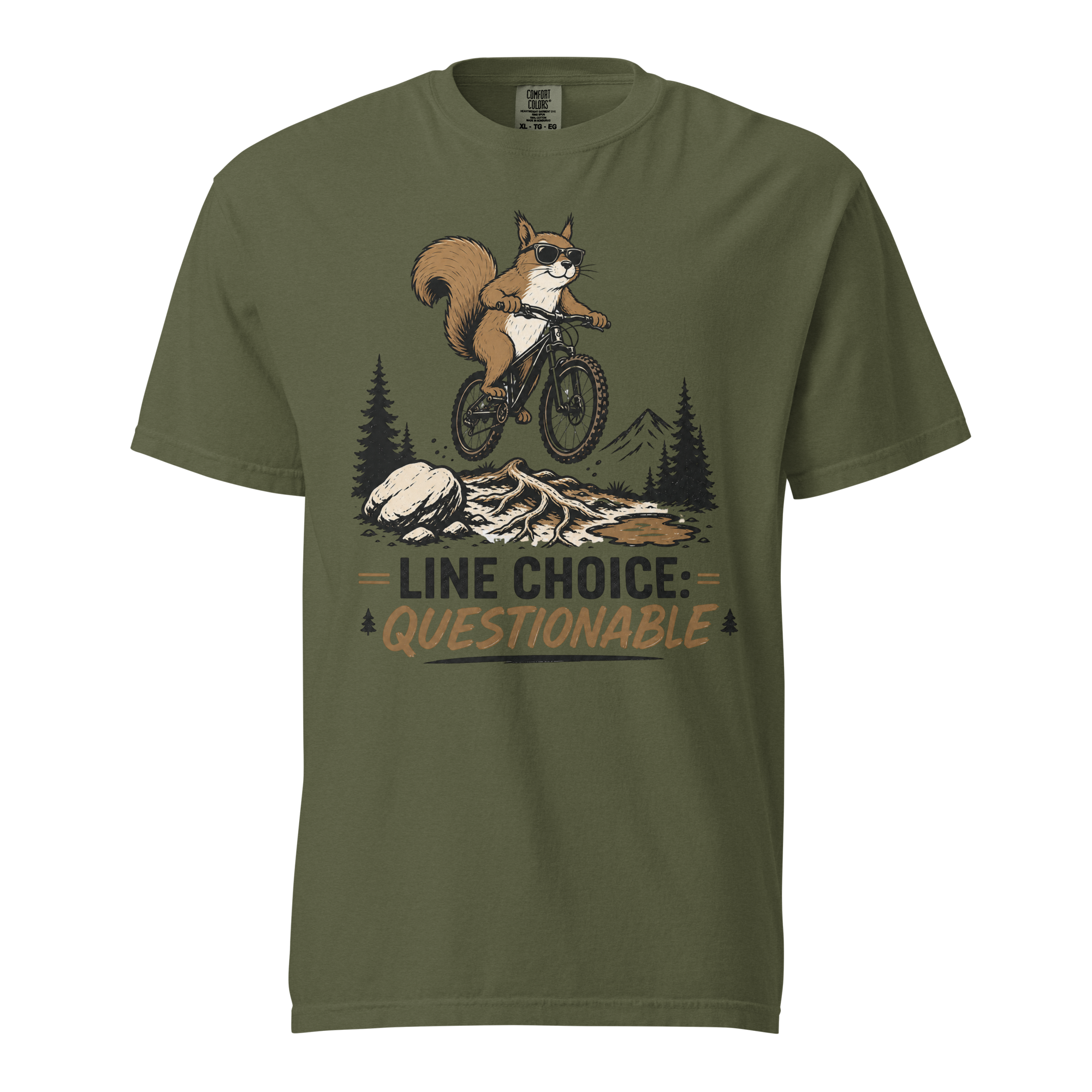 Hemp green t-shirt with a graphic of a squirrel on a bike and text 'Line Choice: Questionable'.